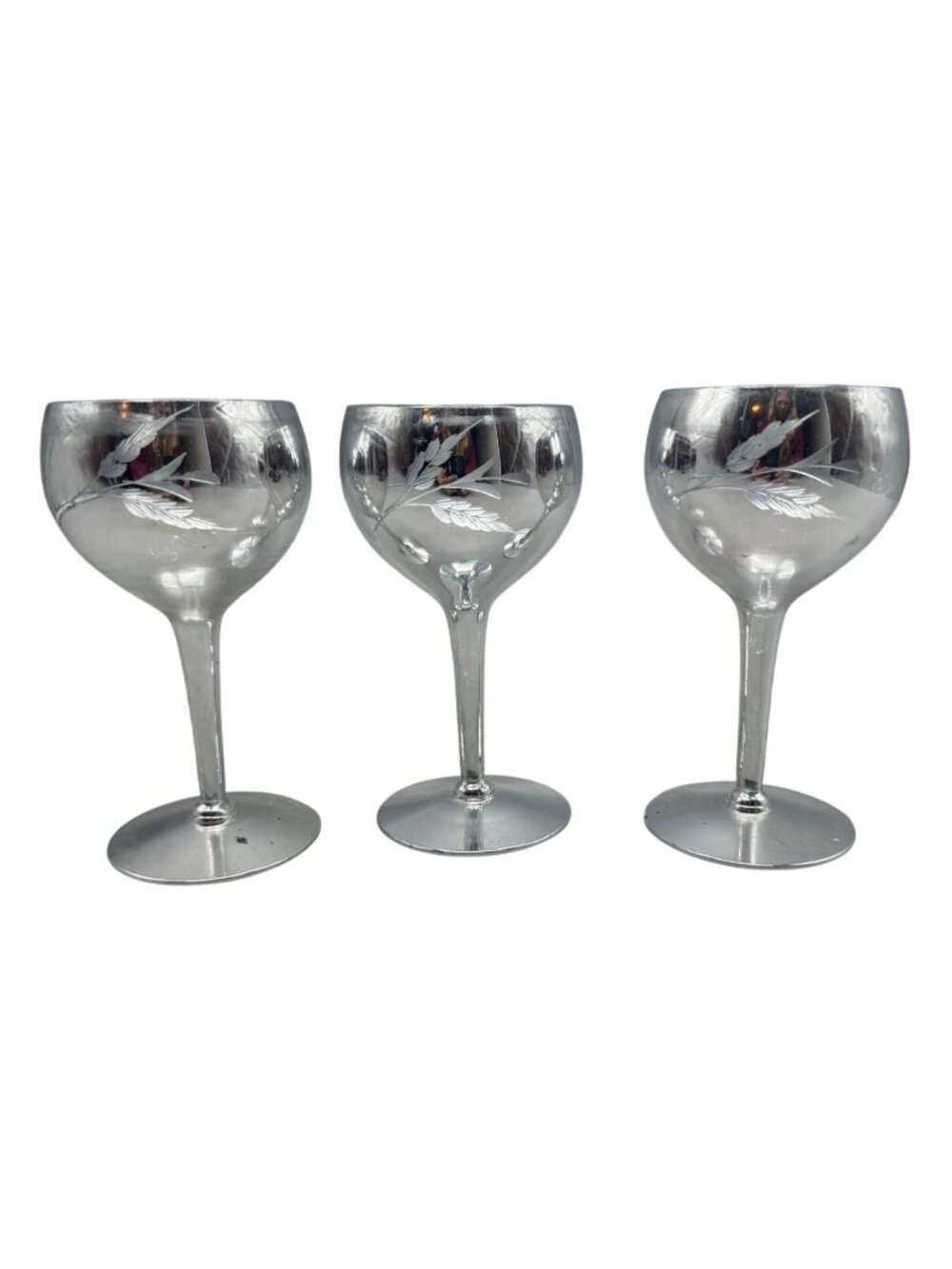 Set Of 3 Silver-Plated Etched Glass Goblets With Leaf Design READ